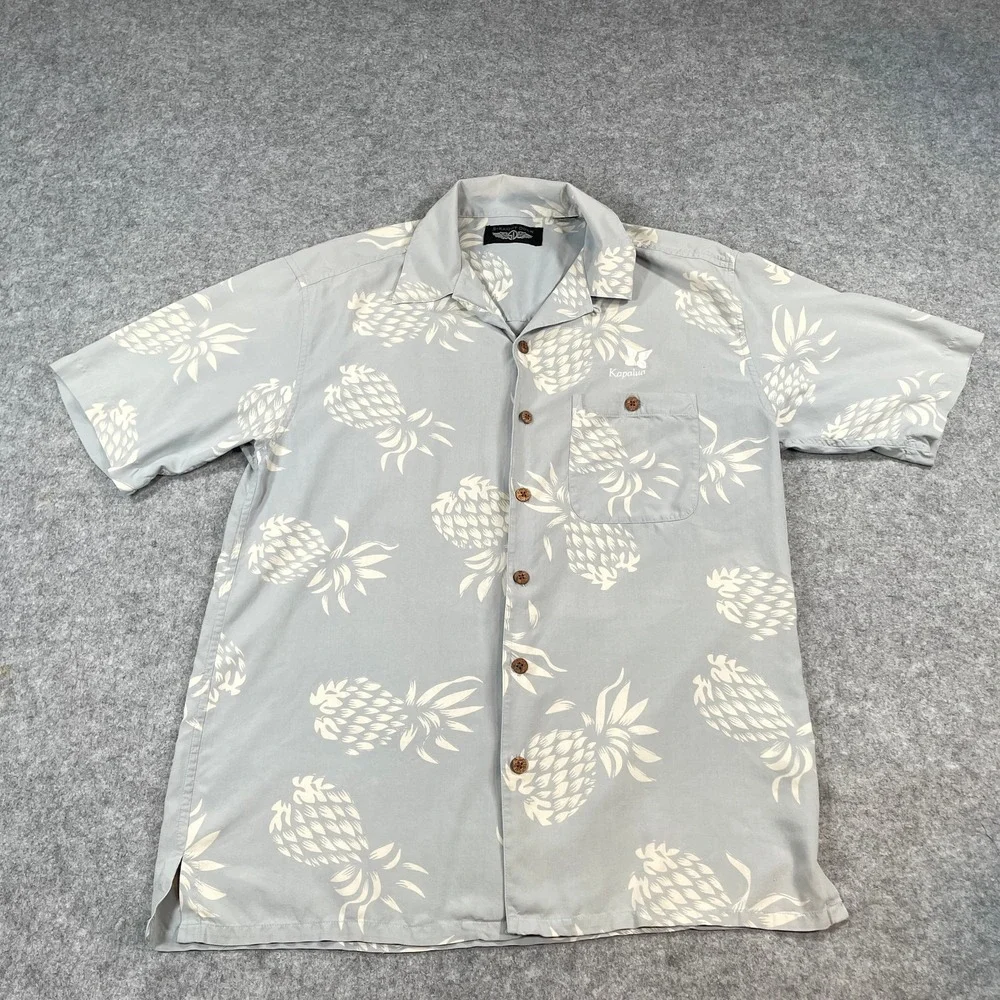 Straight Down Mens Pineapple Aloha Shirt M Kapalua Embroidered Blue Grey